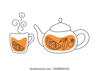 Teapot, cup, tea, one line. Vector illustration of herbal tea with lemon and rose hips. Silhouette of tea set