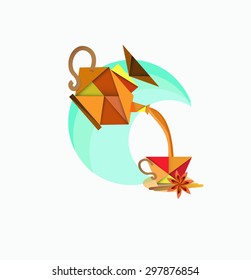 Teapot and cup of tea in origami style. A cup of tea with spices (star anise and cinnamon). Tea cup and teapot logo design vector template. Hot drink tea mug logotype concept icon.