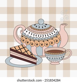 Teapot, cup of tea and a piece of cake