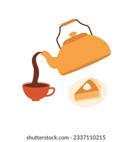 Teapot, a cup of tea, a piece of an pumpkin pie isolated on white background. Autumn vector illustration