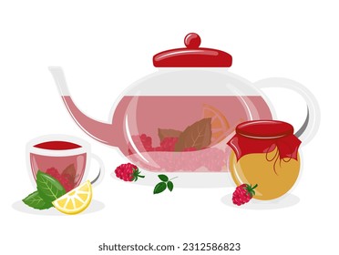 Teapot and cup with tea. Tea with raspberry and lemon. International tea day. Vector illustration isolated on white background. 