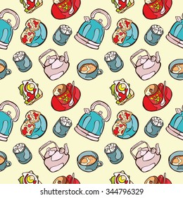Teapot. Cup of tea. Sandwiches and scrambled eggs. Sugar and cupcakes. Vector seamless pattern (background). Cute appetizing desserts. Hand-drawn illustration