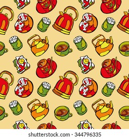 Teapot. Cup of tea. Sandwiches and scrambled eggs. Sugar and cupcakes. Vector seamless pattern (background). Cute appetizing desserts. Hand-drawn illustration