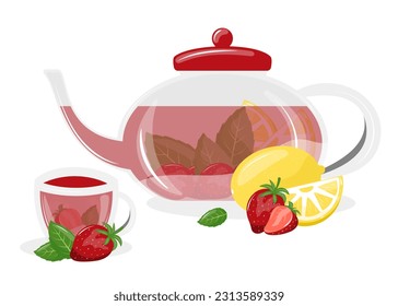Teapot and cup of tea. Tea with strawberry and lemon. International tea day. Vector illustration isolated on white background. 
