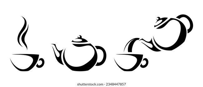 Tetera y una taza de té. Ilustraciones vectoriales en blanco y negro de tetera y una taza de té aisladas en un fondo blanco