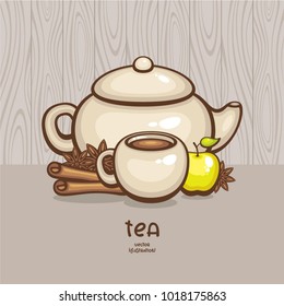 Teapot and cup of tea vector illustration. Tea with apple and cinnamon. Design for logo, menu and label. Healthy drink.