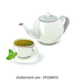 teapot and cup with tea. vector illustration