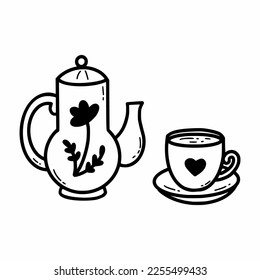 Tetera y taza. Ilustración del doodle vectorial. Icono. Té de fiesta.