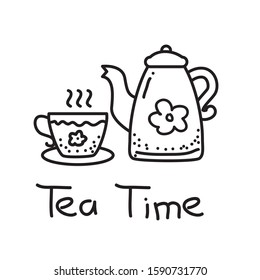 Teapot and cup vector illustration with black and white hand drawn style isolated on white background. Tea time doodle vector 
