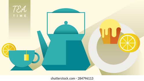 Teapot and cup. Vector silhouettes on a white background. Breakfast. Dessert menu. Cupcake with tea. Lunch. Tea time. Kettle. Vector flat illustration for cafe, confectionery, sweet-shop, pastry-shop 
