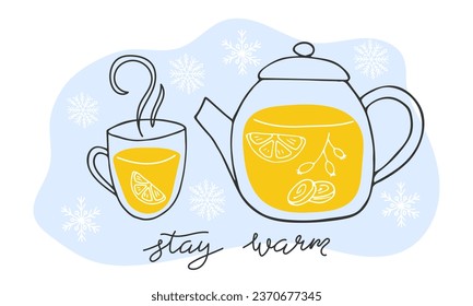 Tetera y taza con una bebida natural caliente y saludable. Té caliente para calentarse en invierno frío. Ambiente acogedor de temporada. Dibujo a mano de Doodle