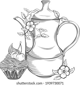 Teapot, cupcake with cherry berries and blossom branch in vintage style. Vector image