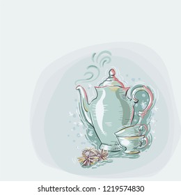 teapot cups anise blue vector christmas card background soft color pastel paint style