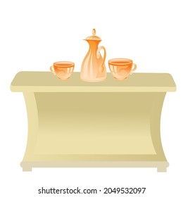 tetera con tazas en soporte marrón en el contador de barras, objeto aislado en fondo blanco, ilustración vectorial, eps