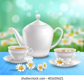 Teapot and cups composition with sugar on saucer and flowers of camomile on blue tablecloth vector illustration 