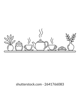 Teapot cups cookies and plants on a shelf isolated on white background