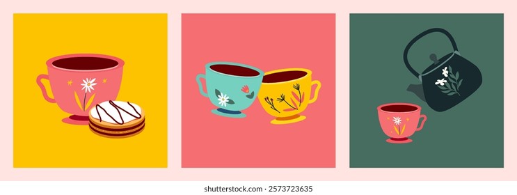 Teapot and cups. Cute vector illustrations