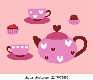 Teapot with cups decorated with hearts and chocolates. Festive tea party on Valentines Day.