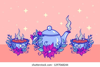 teapot with cups and flowers