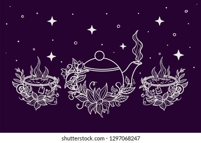 teapot with cups and flowers