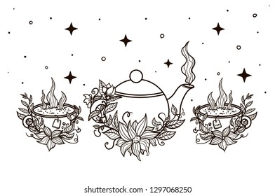 teapot with cups and flowers