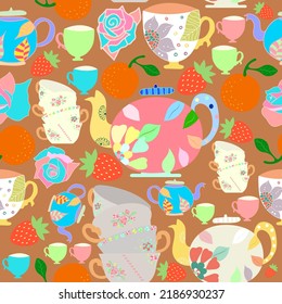 tetera, tazas, flores y fruta sin costura. Té con estampado transparente con fresa, tazas, naranjas, hervidores y rosas con fondo de color de mesa de madera. Es adecuado para textiles y más.