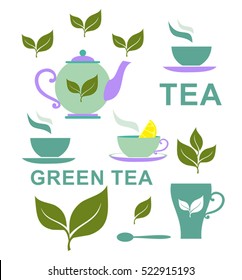 Teapot and cups of fresh tea and green leaves