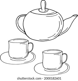 teapot and cups hand drawn set. vector graphics in doodle hygge style. Kettle, tea, coffee