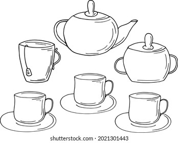 teapot and cups hand drawn set. vector graphics in doodle hygge style. Kettle, tea, coffee, sugar, teabag