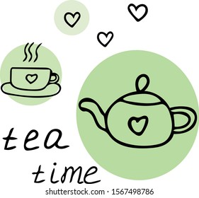 teapot and cups with a heart in hand drawn scandinavian simple liner style. design with circles.