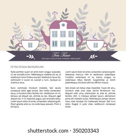 Teapot with cups and herbs, Vector illustration isolated on white, Decorative frame, doodle dishware, Stylish design for tea time, healthy magazines, cooking, web sites, restaurant newsletters, menu