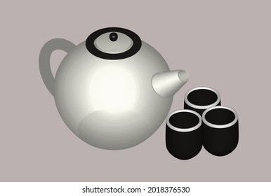 teapot with cups, illustration in the style of realism, isometric