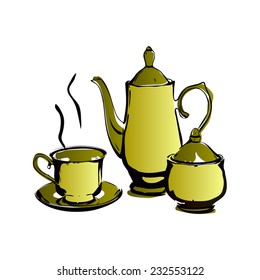 Teapot and cups isolated on a white backgrounds