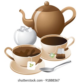Teapot and cups isolated on white