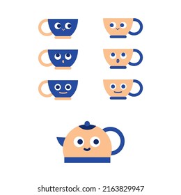 Teapot with cups kids illustration for t-shirts. Flat style children illustration. cute cups with emotions