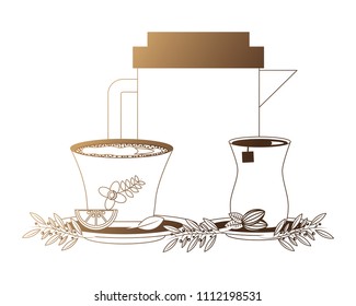 teapot with cups and leaves isolated icon