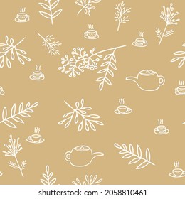 tetera, tazas y hojas de patrón sin fisuras, doodle dibujado a mano. vector, minimalismo, monocromo. textiles, papel de envoltura, papel pintado. té de otoño bebidas calientes