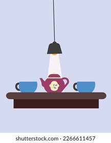 Teapot and Cups on Shelf and shine Light Lamp