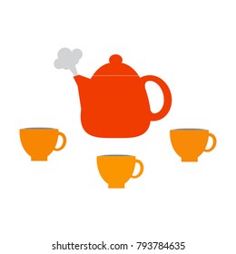 Teapot and cups on a white background. Flat design illustration.