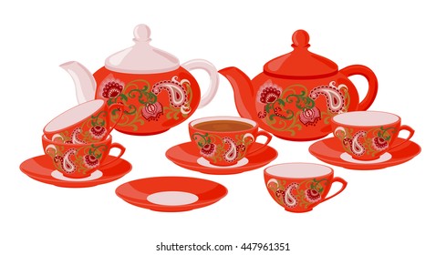 Teapot and cups with an Oriental floral pattern. Vector set of isolated teapot, cups of tea and empty cups.