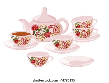 Teapot and cups with an Oriental floral pattern. Vector set of isolated teapot, cups of tea and empty cups.