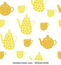 teapot and cups seamless pattern. hand drawn doodle. vector, cartoon, minimalism. trending colors 2021. wallpaper, wrapping, textiles, banner kitchen tea coffee drinks tablecloth cafe