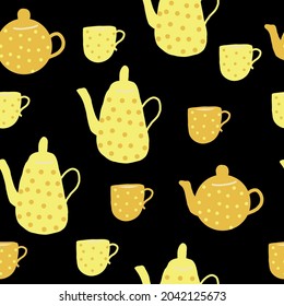 teapot and cups seamless pattern. hand drawn doodle. vector, cartoon, minimalism. trending colors 2021. wallpaper, wrapping, textiles, banner kitchen tea coffee drinks tablecloth cafe