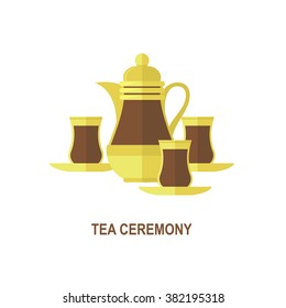 Teapot and cups set on white background. Flat modern illustration concept for food design