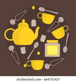 Teapot, cups and spoons in round frame. Vector illustration