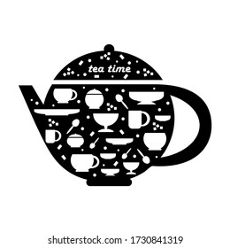 Teapot, cups with spoons, saucers, sugar bowl and other table items . Tea Vector composition template for design.Tea time inscription. Flat style black and white