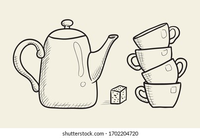 Tetera, tazas y azúcar. Ilustración vectorial dibujada a mano