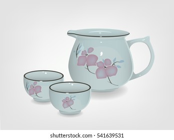 Teapot and cups. Tableware for Chinese tea ceremony.Vector illustration EPS 10