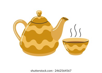 Teapot and cups. Tea kettle with two bowls. Vector illustration 