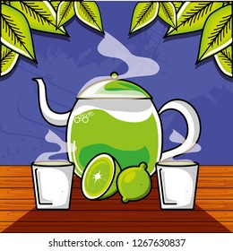 teapot and cups of tea with lemon